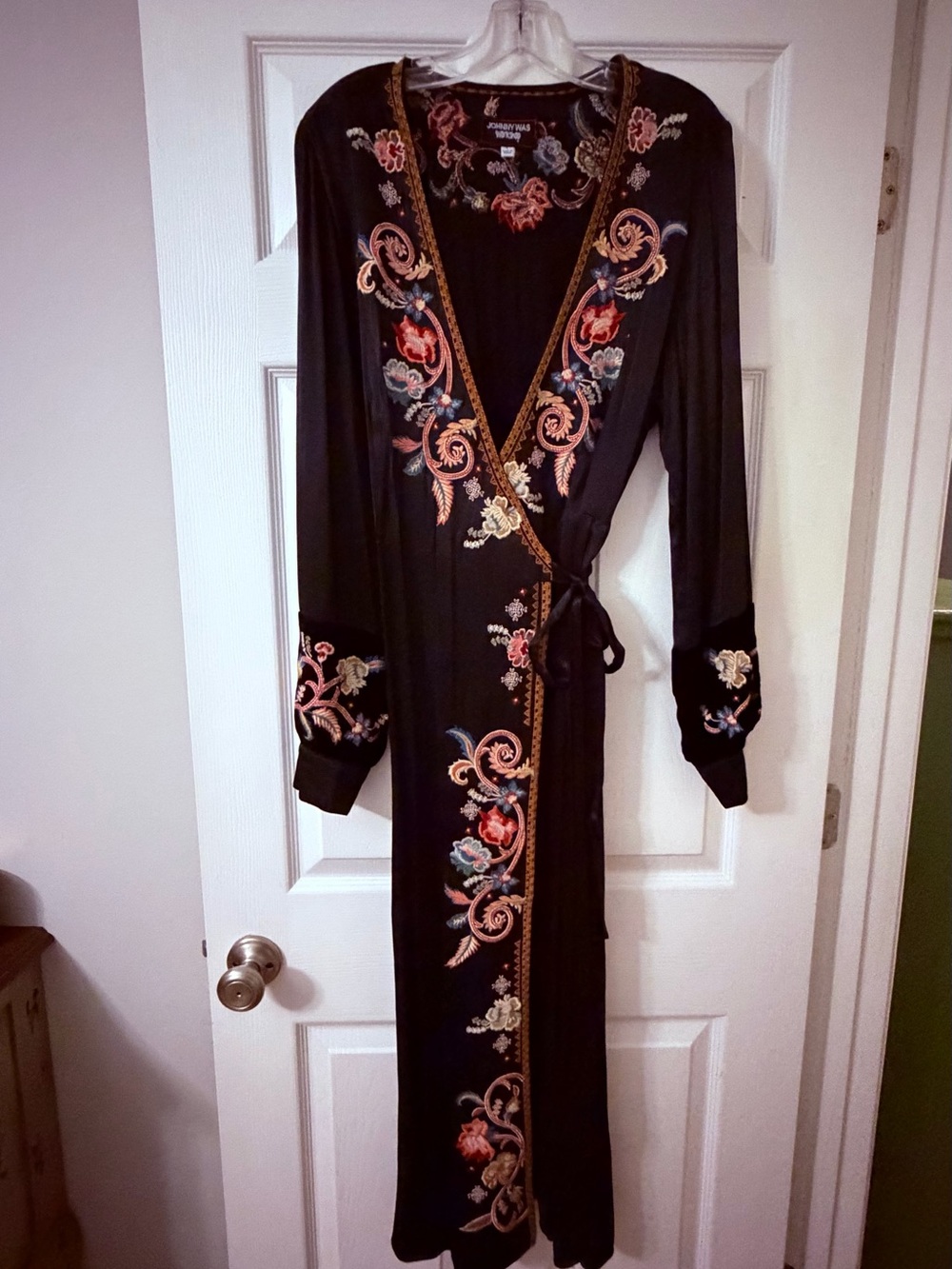 Embroidered Johnny Was Black Wrap Maxi Dress - Floral Detail
